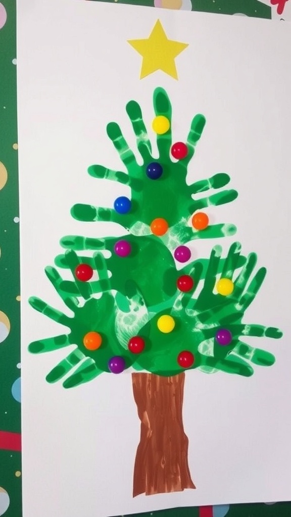 Handprint Christmas tree art with green handprints, colorful ornaments, and a brown trunk on a canvas.